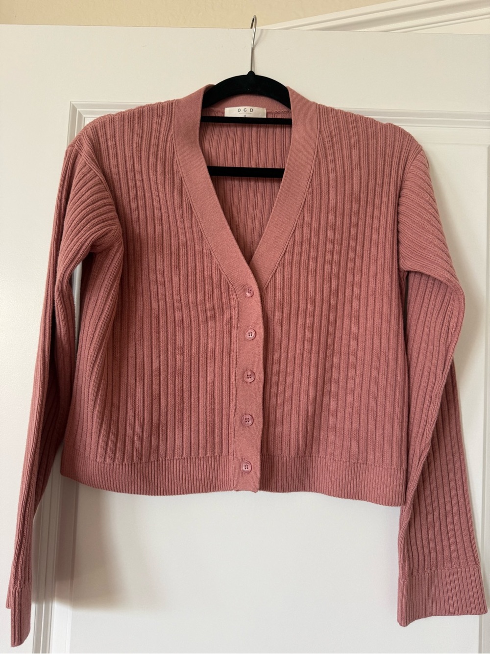 OGD Dusty Rose Cotton Cashmere Ribbed Cardigan Medium
